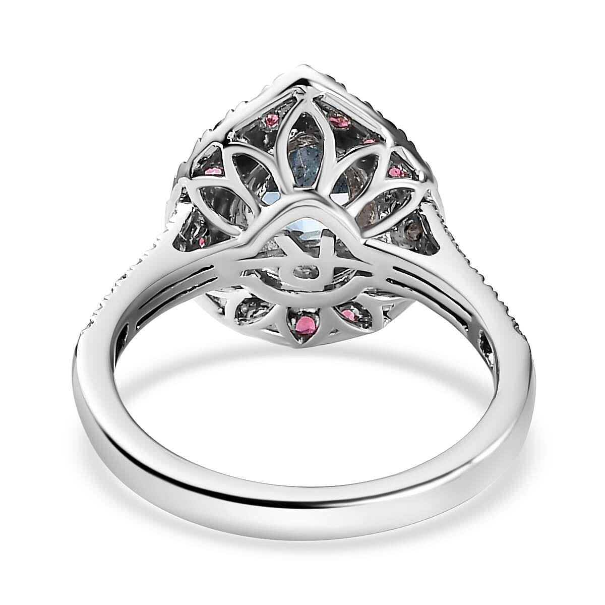 Certified & Appraised Rhapsody AAAA Santa Maria Aquamarine, Ouro Fino Rubellite and E-F VS Diamond 2.00 ctw Double Halo Ring in 950 Platinum (Size 7.0) 6.78 Grams image number 4