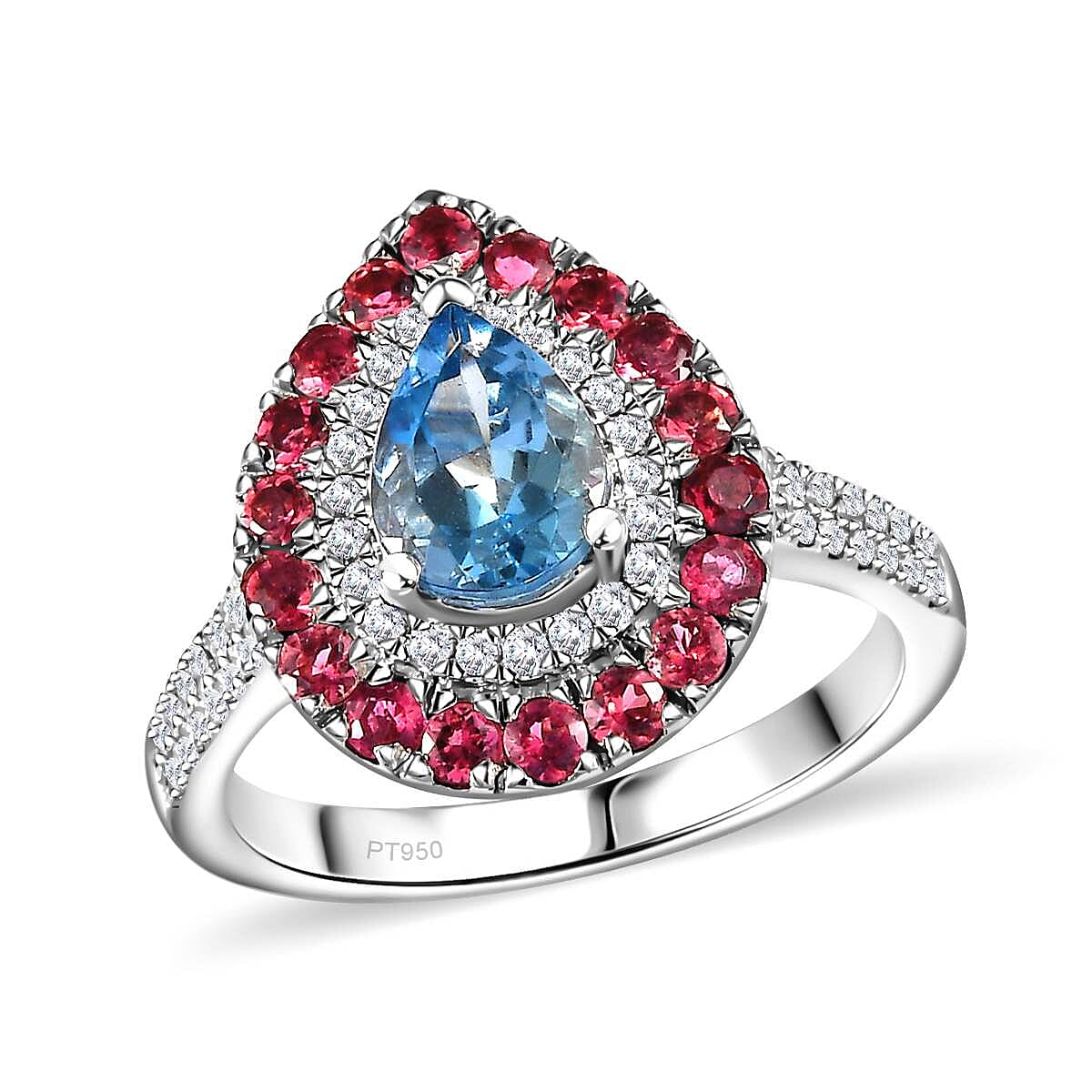 Certified & Appraised Rhapsody AAAA Santa Maria Aquamarine, Ouro Fino Rubellite and E-F VS Diamond 2.00 ctw Double Halo Ring in 950 Platinum (Size 8.0) 6.78 Grams image number 0