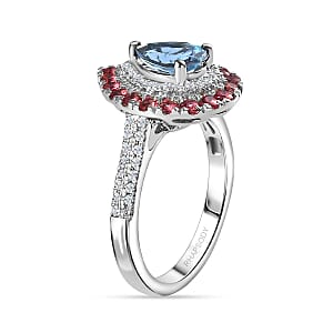 Certified & Appraised Rhapsody AAAA Santa Maria Aquamarine, Ouro Fino Rubellite and E-F VS Diamond 2.00 ctw Double Halo Ring in 950 Platinum (Size 8.0) 6.78 Grams