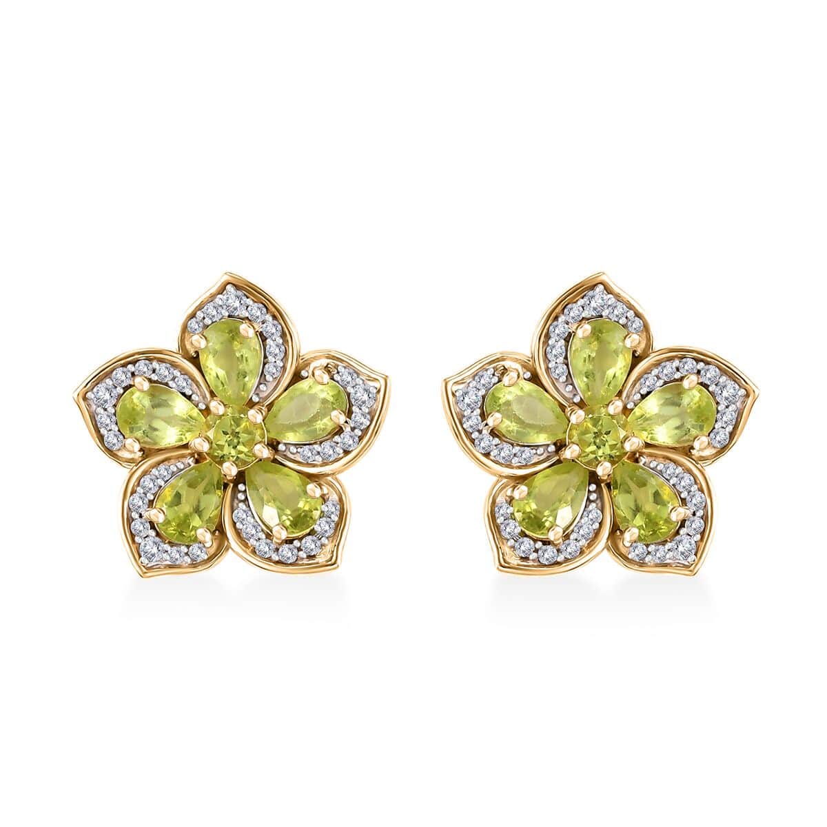 Premium Hebei Peridot and White Zircon 5.70 ctw Flower Earrings in 18K Vermeil Yellow Gold Over Sterling Silver image number 0