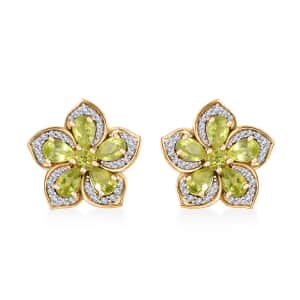 Premium Hebei Peridot and White Zircon 5.70 ctw Flower Earrings in 18K Vermeil Yellow Gold Over Sterling Silver