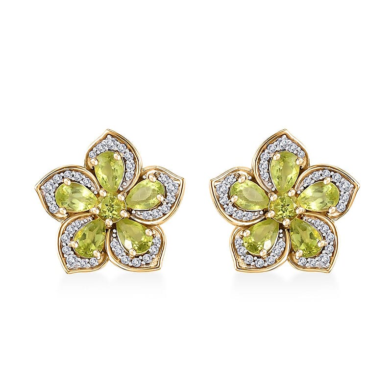 Premium Hebei Peridot and White Zircon 5.70 ctw Flower Earrings in 18K Vermeil Yellow Gold Over Sterling Silver