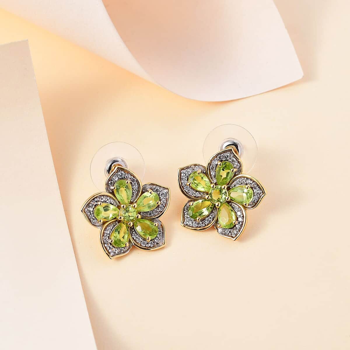 Premium Hebei Peridot and White Zircon 5.70 ctw Flower Earrings in 18K Vermeil Yellow Gold Over Sterling Silver image number 1