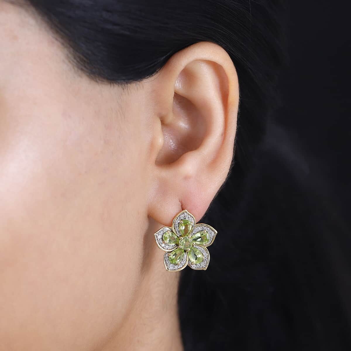 Premium Hebei Peridot and White Zircon 5.70 ctw Flower Earrings in 18K Vermeil Yellow Gold Over Sterling Silver image number 2