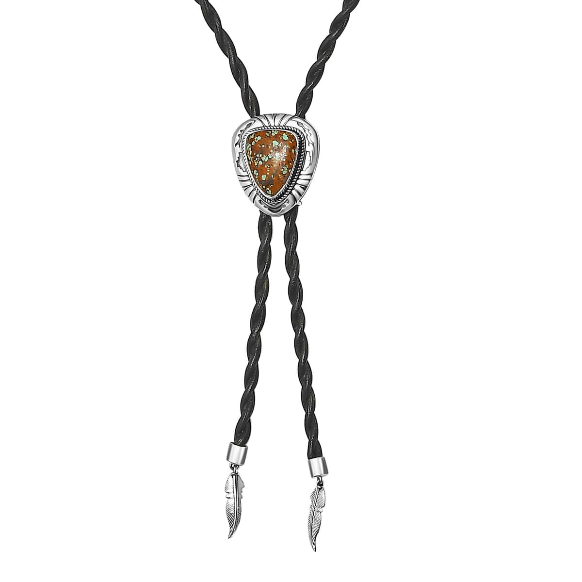 Artisan Crafted Blue Horizon Turquoise 12.00 ctw Bolo Tie Feather Necklace in Sterling Silver and Black Leather Cord 24 Inches image number 0