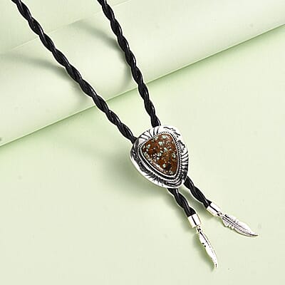 Artisan Crafted Blue Horizon Turquoise 12.00 ctw Bolo Tie Feather Necklace in Sterling Silver and Black Leather Cord 24 Inches