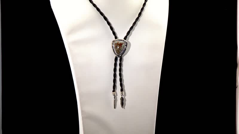 Artisan Crafted Blue Horizon Turquoise 12.00 ctw Bolo Tie Feather Necklace in Sterling Silver and Black Leather Cord 24 Inches