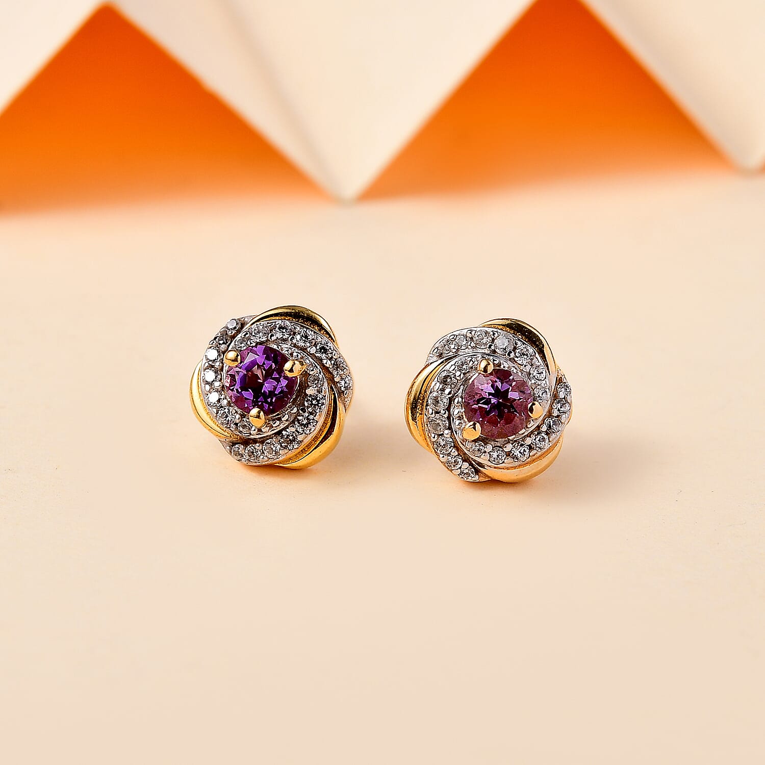 D'Joy Moroccan Rose and White Zircon 0.85 ctw Knot Stud Earrings in 18K Vermeil Yellow Gold Over Sterling Silver