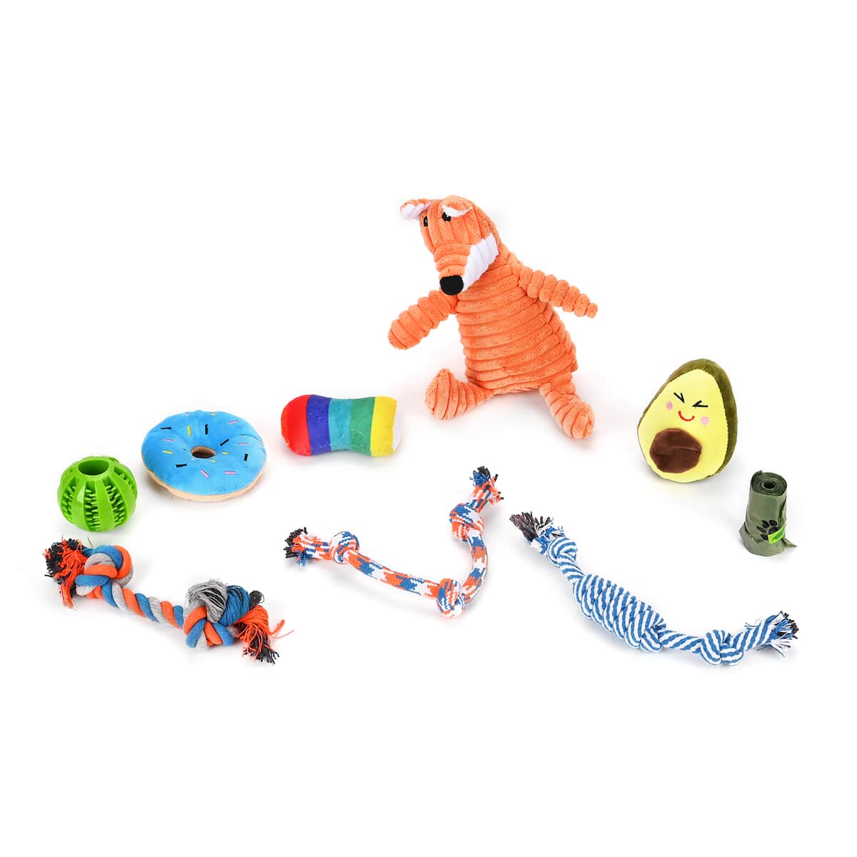 Set of 9pc Multi Color Pet Toys (1 Fox, 1 Double Cotton String, 2pc Three Cotton, 1 Avocados, 1 Donut, 1 Bone, 1 ball with 1 Garbage Bag) image number 0