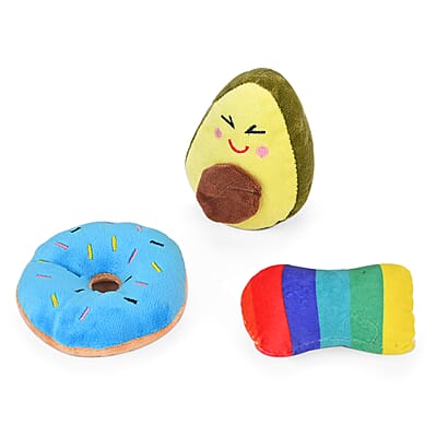 Set of 9pc Multi Color Pet Toys (1 Fox, 1 Double Cotton String, 2pc Three Cotton, 1 Avocados, 1 Donut, 1 Bone, 1 ball with 1 Garbage Bag)