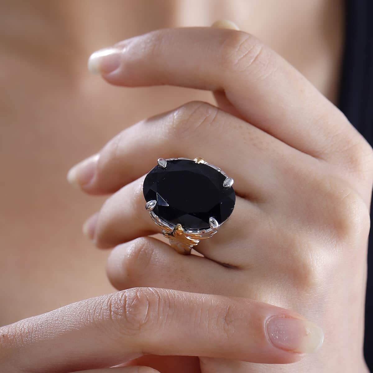 Epic Deal Thai Black Spinel Ring in Vermeil YG and Rhodium Over Sterling Silver (Size 10.0) 34.60 ctw image number 2