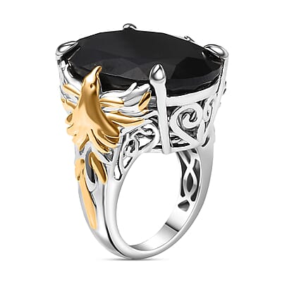 Thai Black Spinel 34.60 ctw Phoenix Ring in 18K Vermeil YG and Rhodium Over Sterling Silver (Size 10.0) 