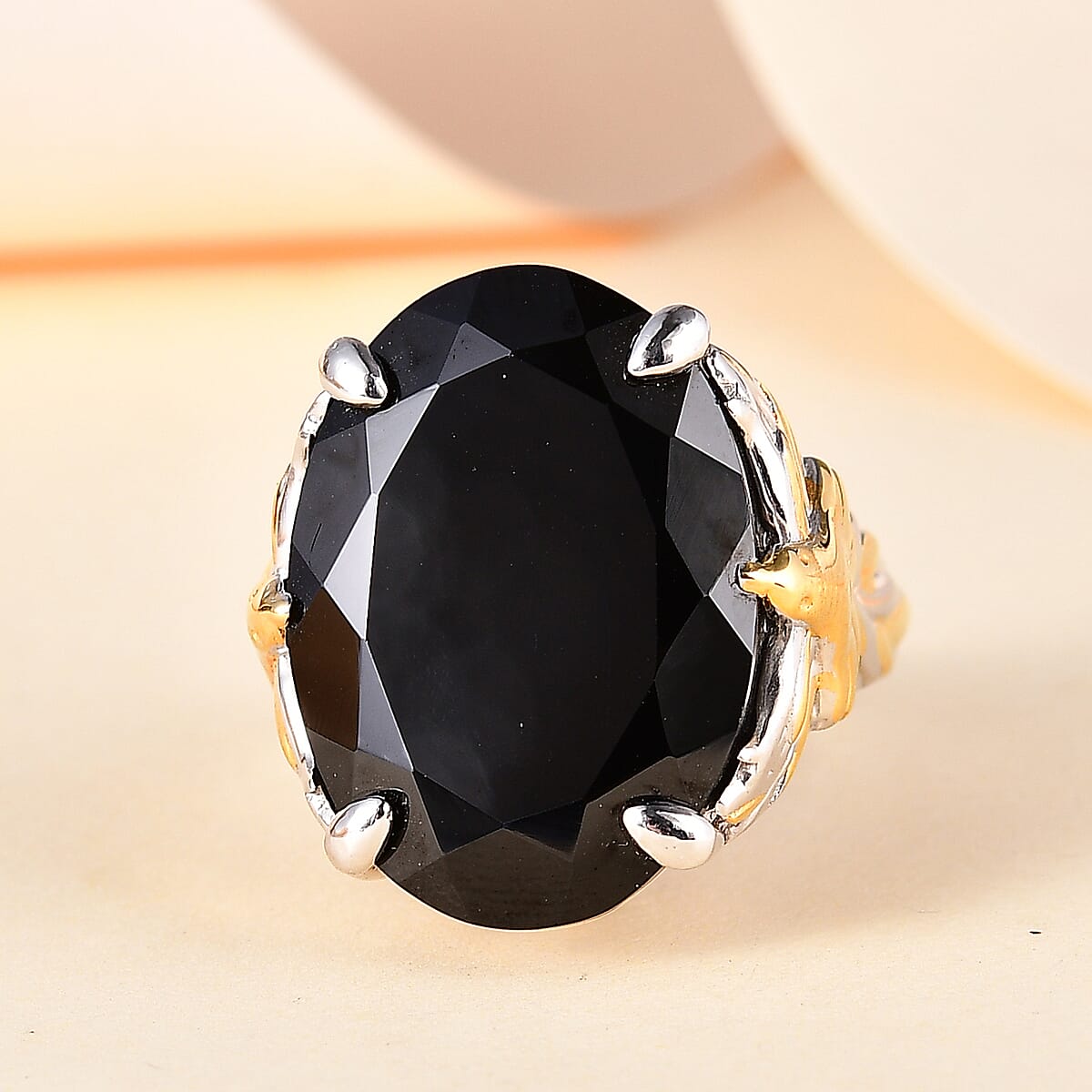 Thai Black Spinel 34.60 ctw Phoenix Ring in 18K Vermeil YG and Rhodium Over Sterling Silver (Size 7.0)  image number 1