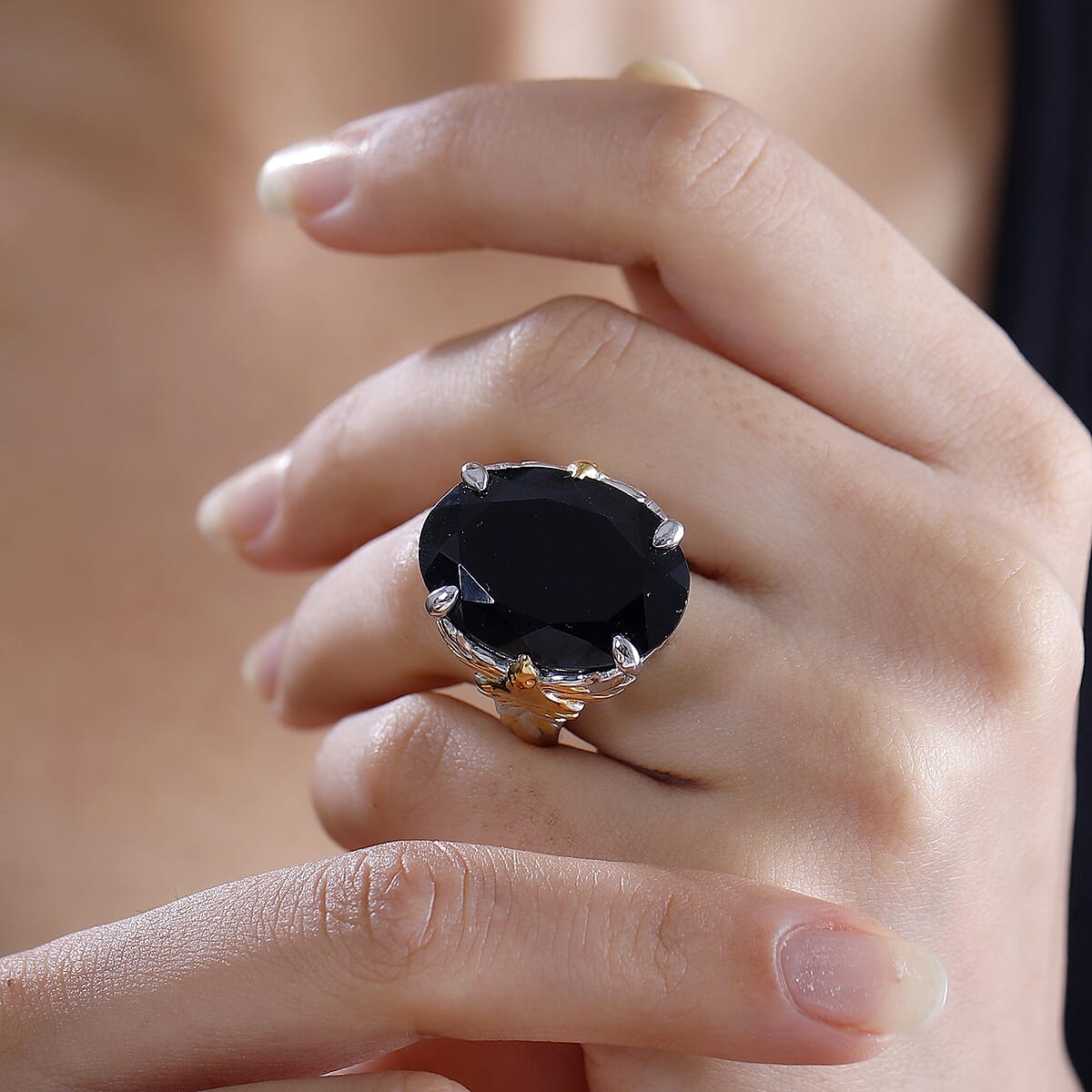 Thai Black Spinel 34.60 ctw Phoenix Ring in 18K Vermeil YG and Rhodium Over Sterling Silver (Size 7.0)  image number 2
