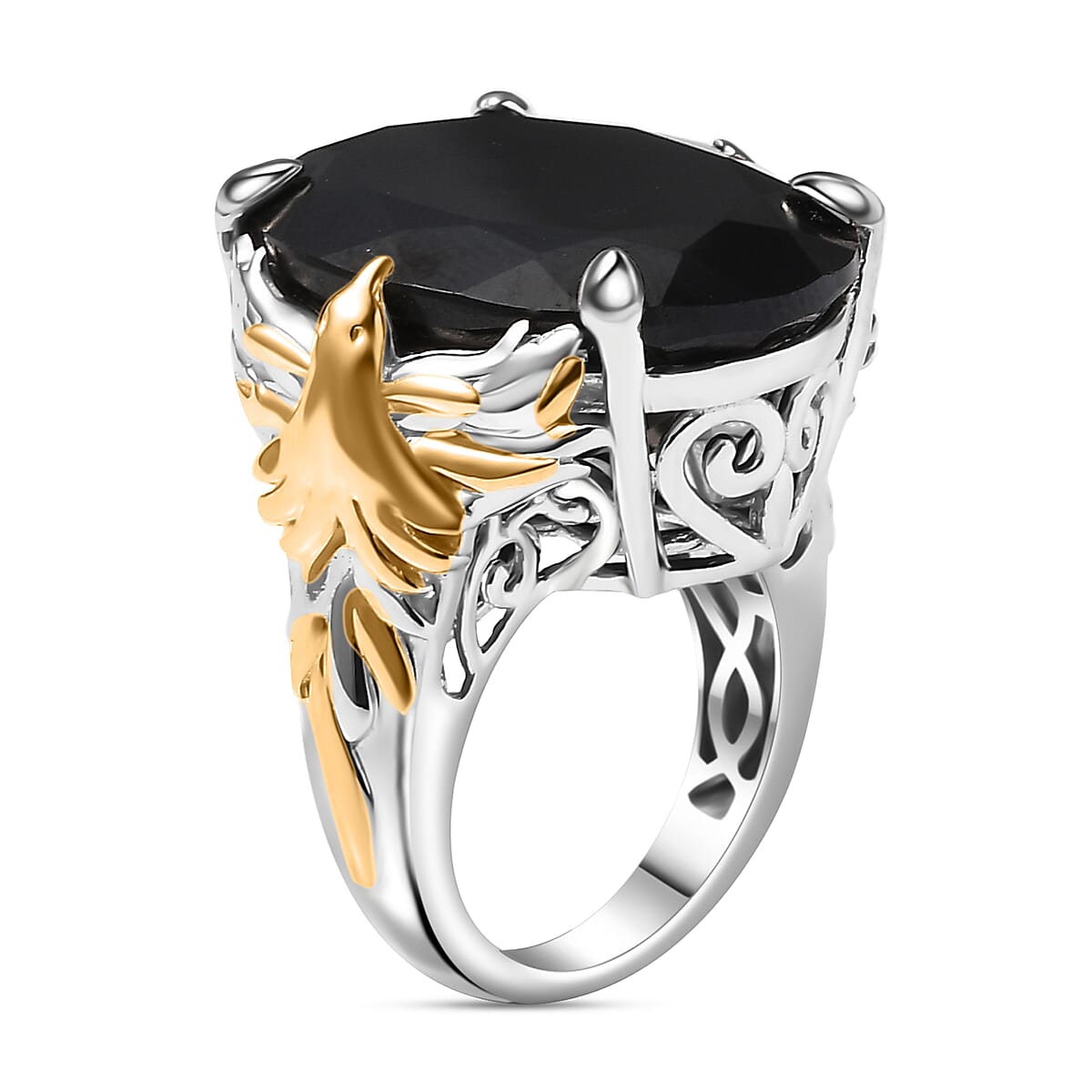 Thai Black Spinel 34.60 ctw Phoenix Ring in 18K Vermeil YG and Rhodium Over Sterling Silver (Size 7.0)  image number 3