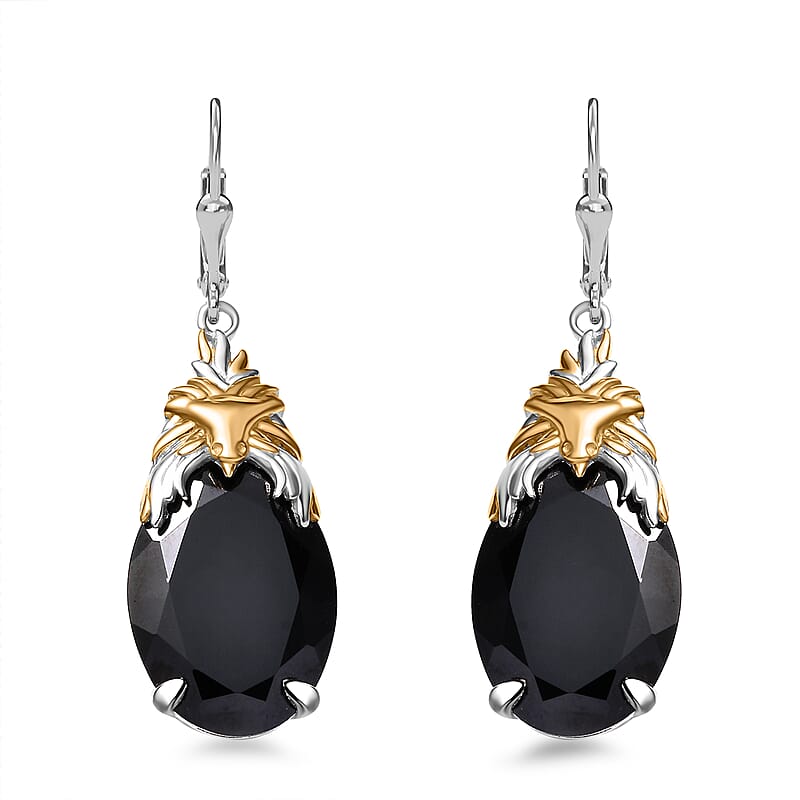 Thai Black Spinel 35.20 ctw Phoenix Earrings in 18K Vermeil YG and Rhodium Over Sterling Silver