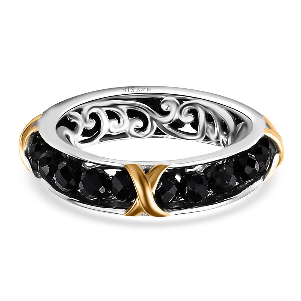 Karis Thai Black Spinel 5.90 ctw XOXO Band Ring in 18K YG Plated and Platinum Bond (Size 7.0) image number 4