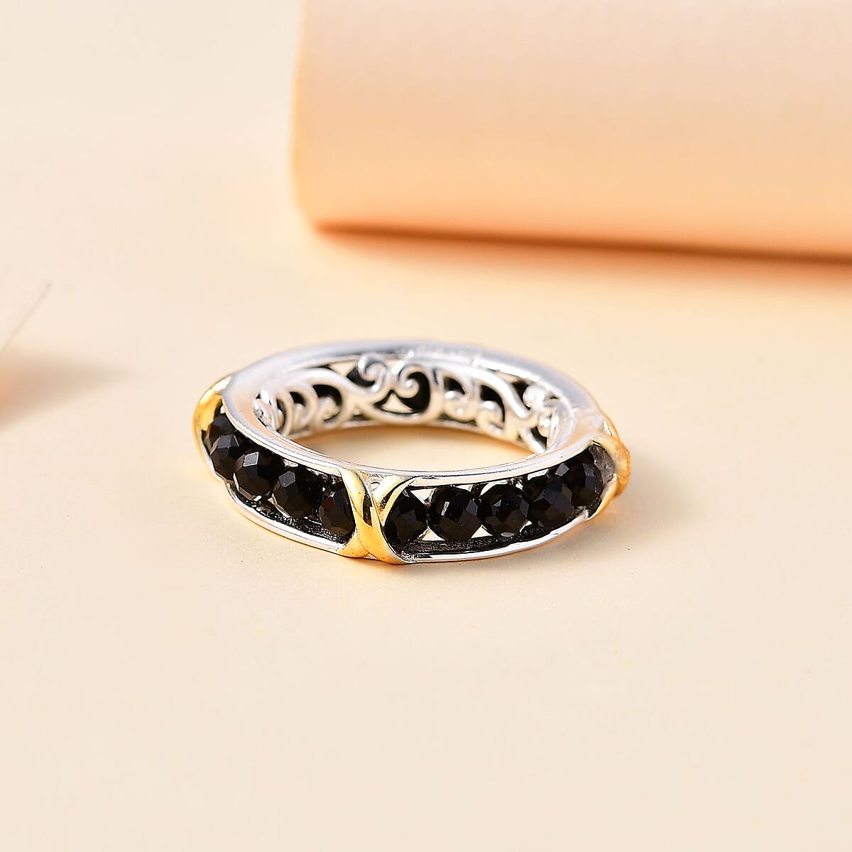 Karis Thai Black Spinel 5.90 ctw XOXO Band Ring in 18K YG Plated and Platinum Bond (Size 9.0) image number 1