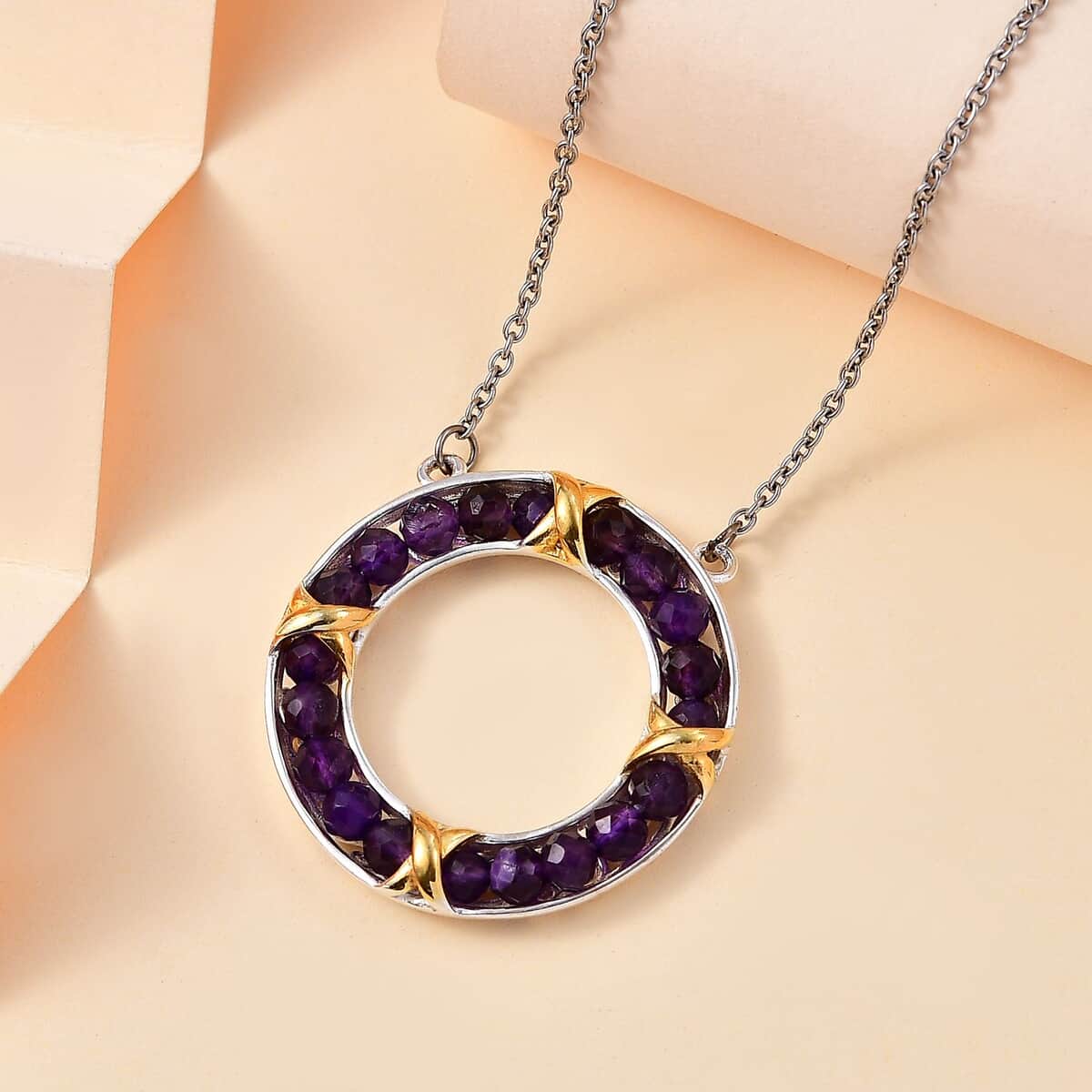 Karis African Amethyst 6.25 ctw XOXO Circle Necklace in 18K YG Plated, Platinum Bond and Stainless Steel 18 Inches image number 1