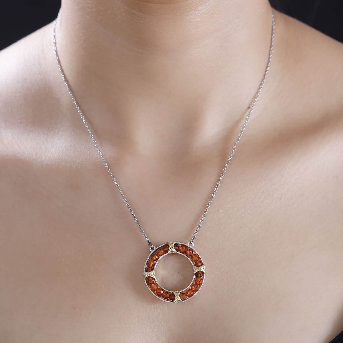 Karis Hessonite Garnet 7.75 ctw XOXO Circle Necklace in 18K YG Plated, Platinum Bond and Stainless Steel 18 Inches image number 2