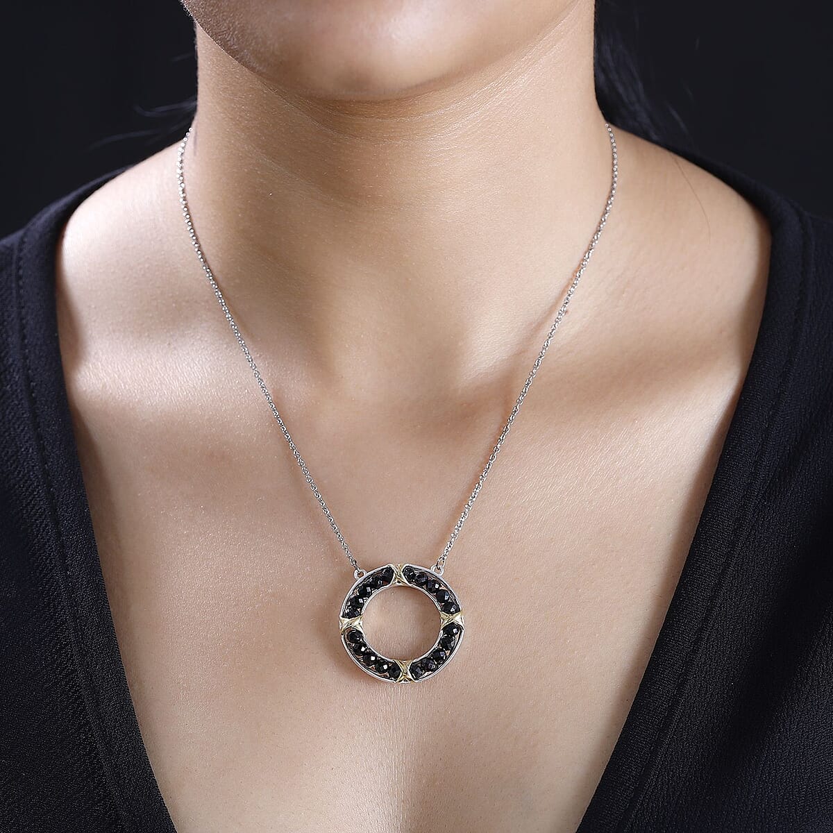 Karis Thai Black Spinel 7.35 ctw XOXO Circle Necklace in 18K YG Plated, Platinum Bond and Stainless Steel 18 Inches image number 2