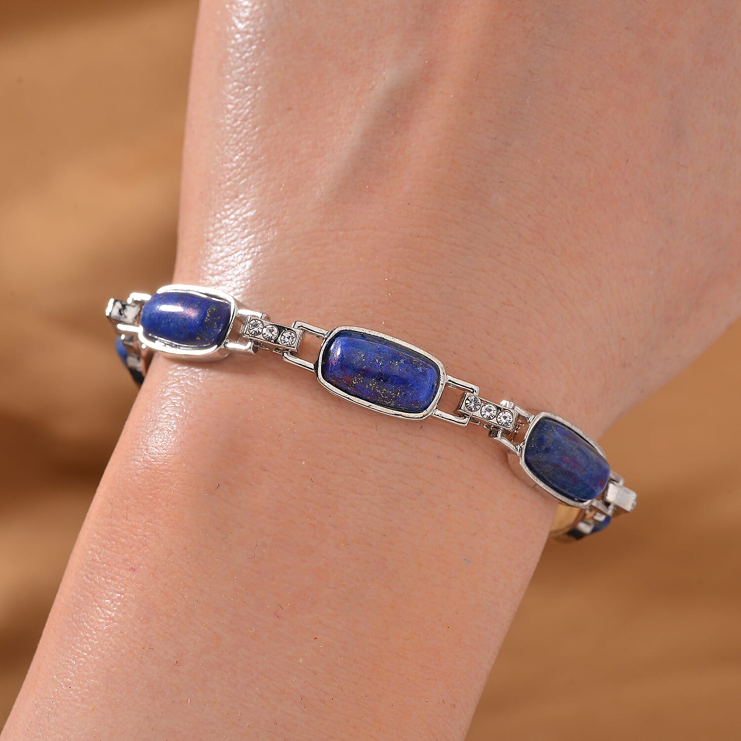 Lapis Lazuli and Austrian Crystal 36.00 ctw Bracelet in Silvertone (8.00 In)
