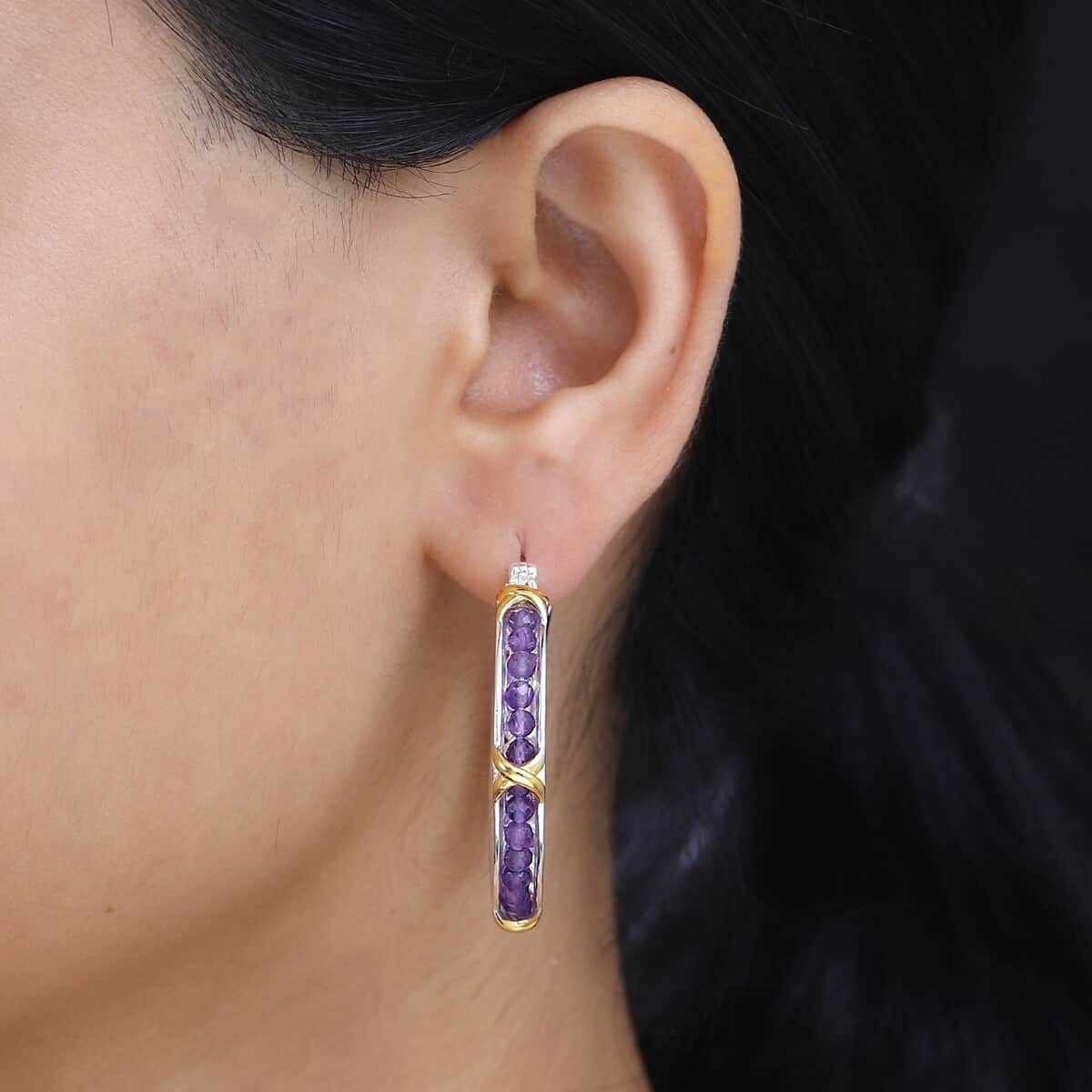 Karis African Amethyst 9.00 ctw XOXO Hoop Earrings in 18K YG Plated and Platinum Bond image number 2