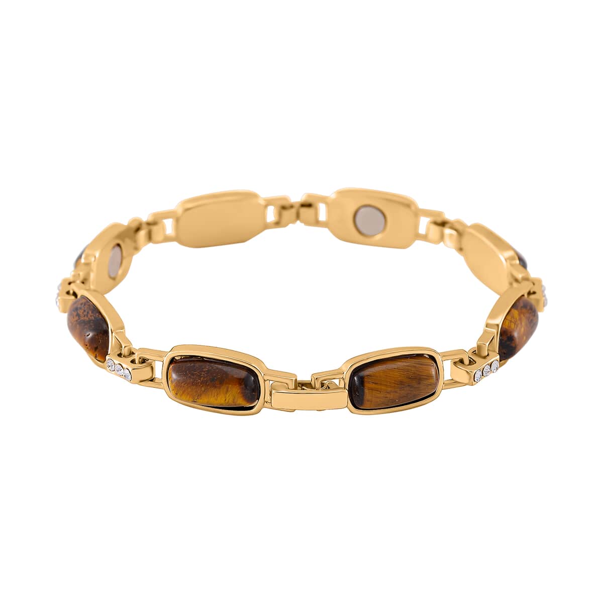 Yellow Tigers Eye and Austrian Crystal 36.00 ctw Bracelet in Goldtone (8.00 In) image number 3