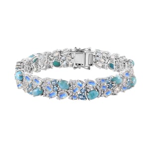 Premium Larimar and Multi Gemstone 23.10 ctw River Rocks Carpet Bracelet in Rhodium Over Sterling Silver (7.25 In)