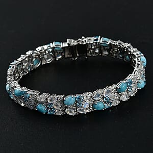 D'Joy Premium Larimar and Multi Gemstone 23.10 ctw River Rocks Carpet Bracelet in Rhodium Over Sterling Silver (7.25 In)