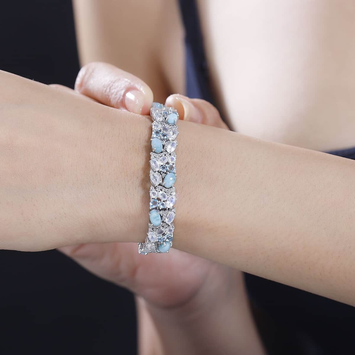 Larimar and Multi Gemstone 23.10 ctw Bracelet in Rhodium Over Sterling Silver (7.25 In) image number 3