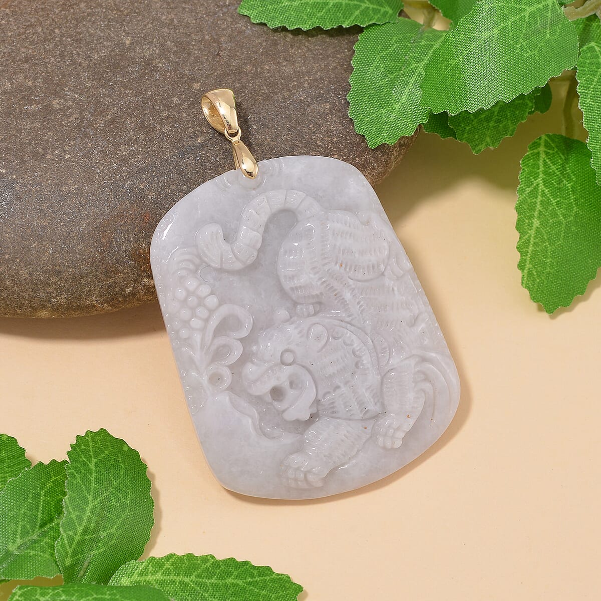 Natural Jade 120.00 ctw Qilin Dragon Carved Pendant without Chain in 10K Yellow Gold image number 1