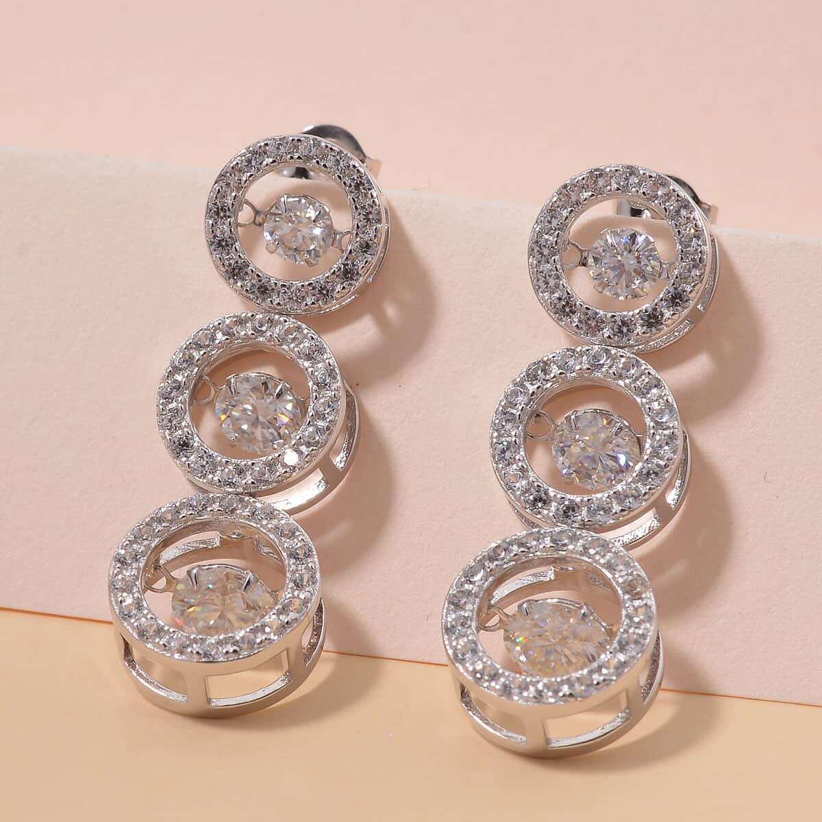 Moissanite 5.00 ctw 3 Halo Dancing Earrings in Rhodium Over Sterling Silver image number 1