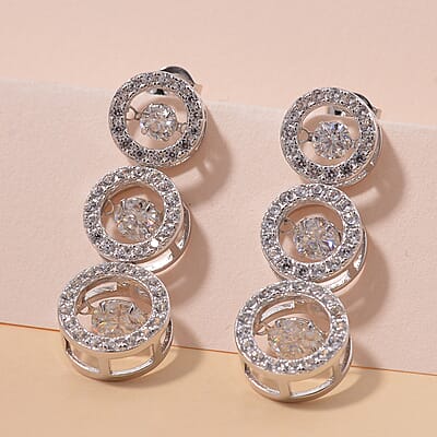 Moissanite 5.00 ctw 3 Halo Dancing Earrings in Rhodium Over Sterling Silver