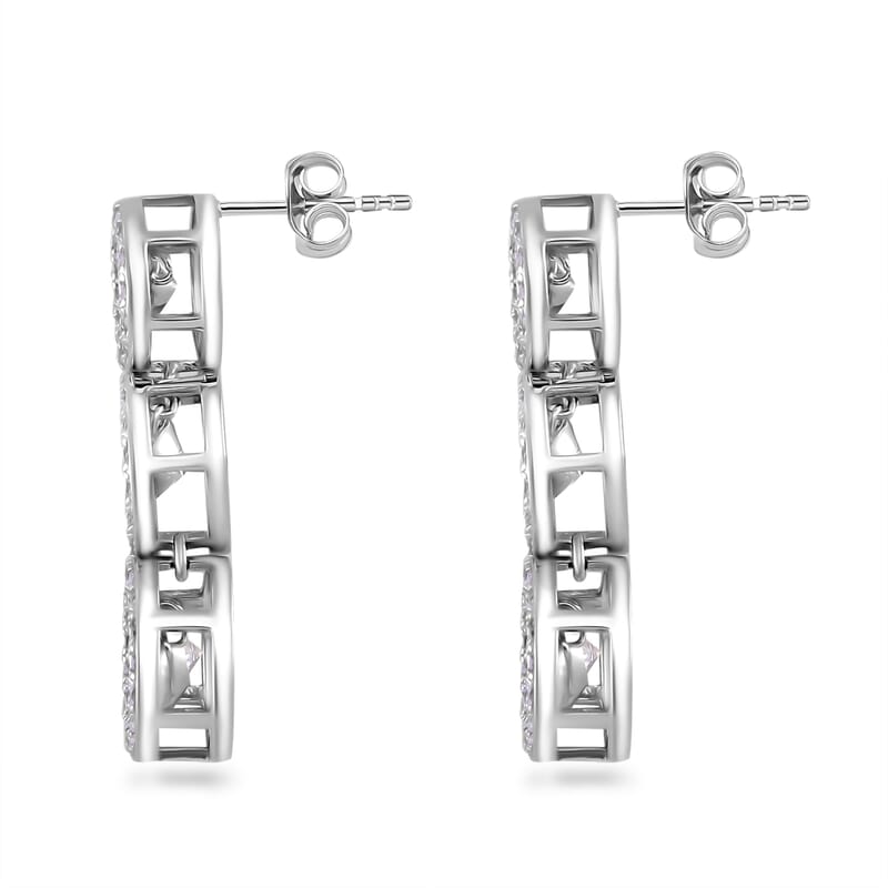 Moissanite 5.00 ctw 3 Halo Dancing Earrings in Rhodium Over Sterling Silver
