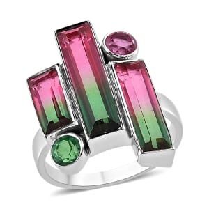 Sajen Silver Watermelon Quartz (Triplet) and Celestial Pink and Green Quartz 6.25 ctw Ring in Rhodium Over Sterling Silver (Size 11.0)