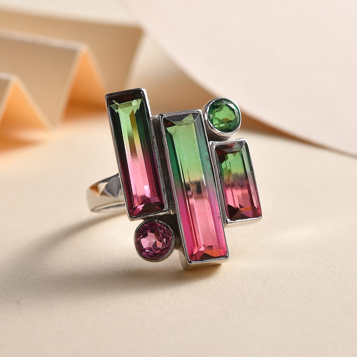 Sajen Silver Watermelon Quartz (Triplet) and Celestial Pink and Green Quartz 6.25 ctw Ring in Rhodium Over Sterling Silver (Size 11.0) image number 1