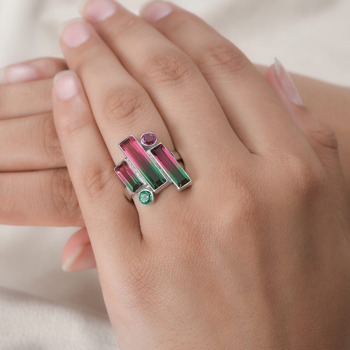 Sajen Silver Watermelon Quartz (Triplet) and Celestial Pink and Green Quartz 6.25 ctw Ring in Rhodium Over Sterling Silver (Size 11.0) image number 2