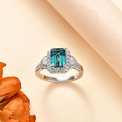 Certified & Appraised Rhapsody AAAA Pirineu Lagoon Tourmaline and E-F VS Diamond 3.70 ctw Ring in 950 Platinum (Size 6.0) 7.75 Grams