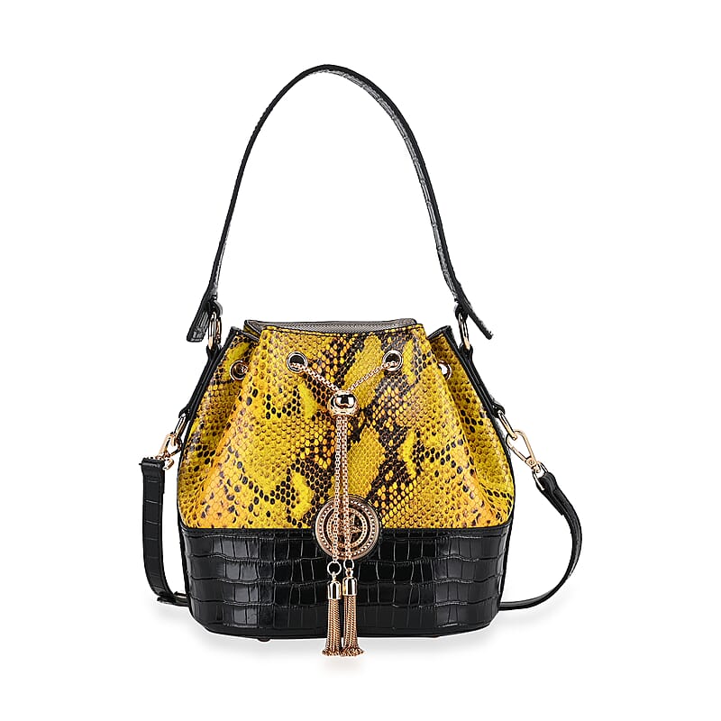 Italy Retro Noble Collection Yellow Snake Print Genuine Leather Bucket Bag with Shoulder Strap