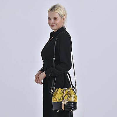 Italy Retro Noble Collection Yellow Snake Print Genuine Leather Bucket Bag with Shoulder Strap