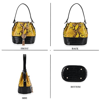 Italy Retro Noble Collection Yellow Snake Print Genuine Leather Bucket Bag with Shoulder Strap