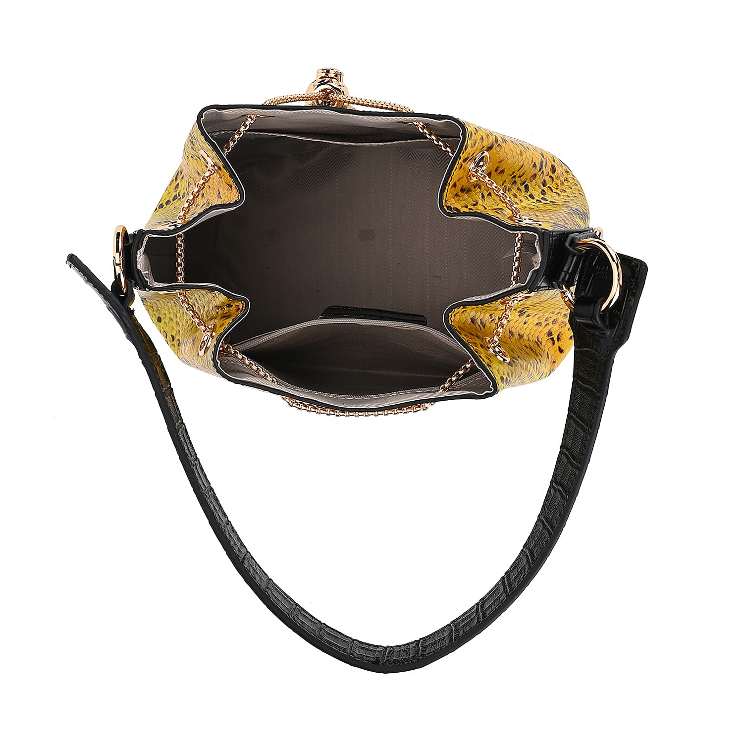 Italy Retro Noble Collection Yellow Snake Print Genuine Leather Bucket Bag with Shoulder Strap