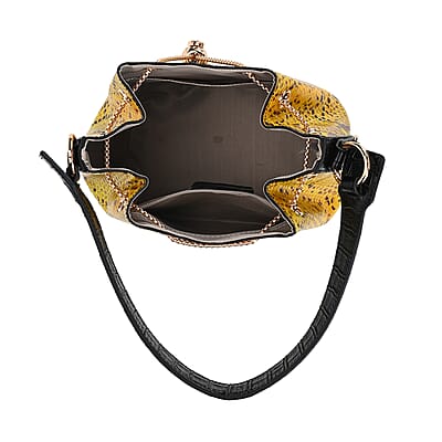 Italy Retro Noble Collection Yellow Snake Print Genuine Leather Bucket Bag with Shoulder Strap