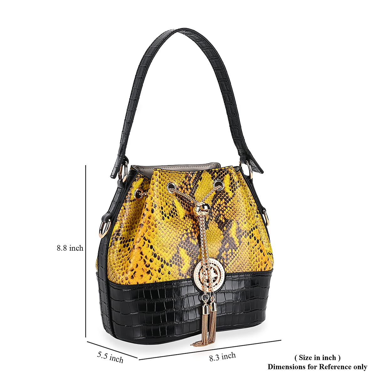 Italy Retro Noble Collection Yellow Snake Print Genuine Leather Bucket Bag (8.3"X5.5"x8.8") with Shoulder Strap 51" image number 5