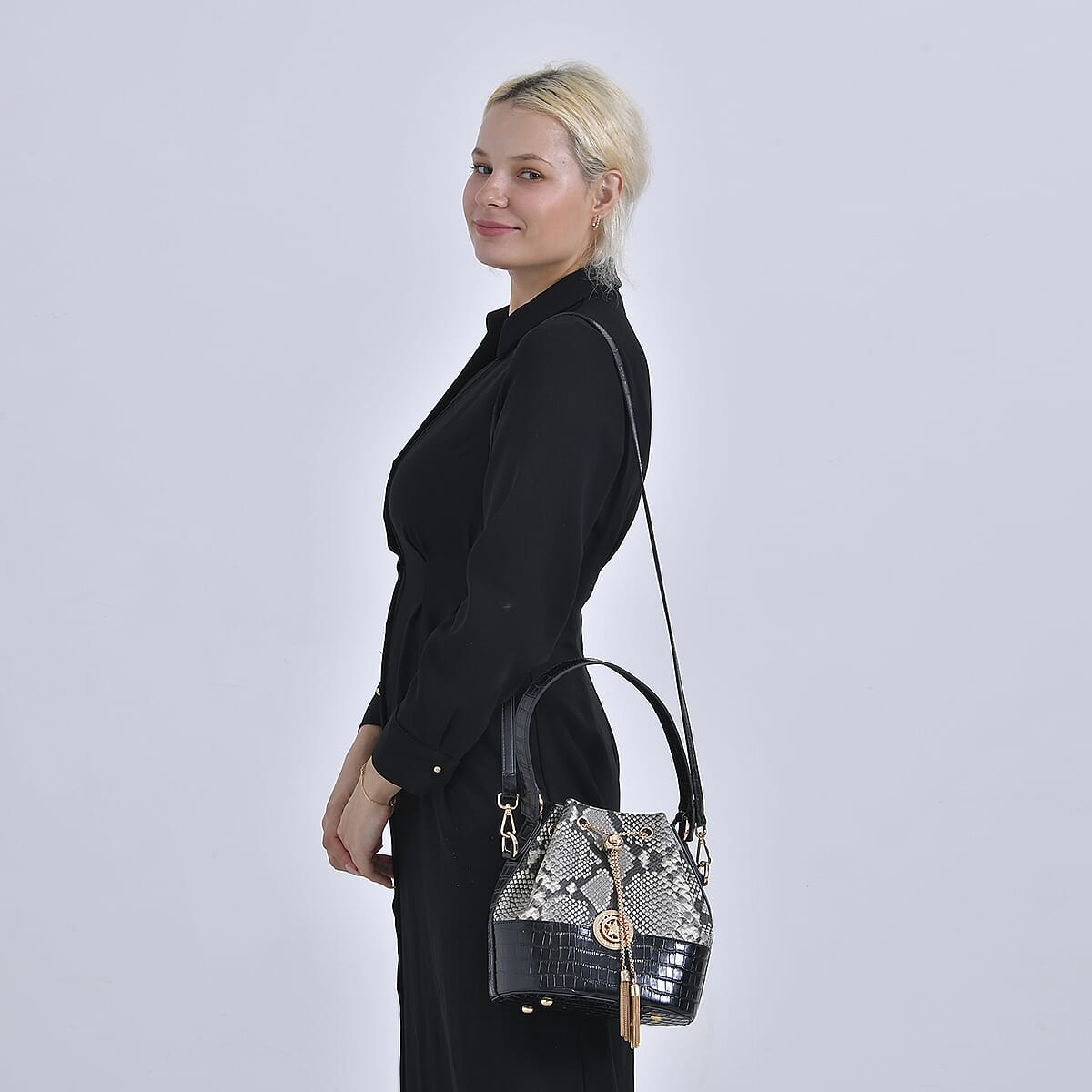 Italy Retro Noble Collection Gray Snake Print Genuine Leather Bucket Bag with Shoulder Strap image number 1