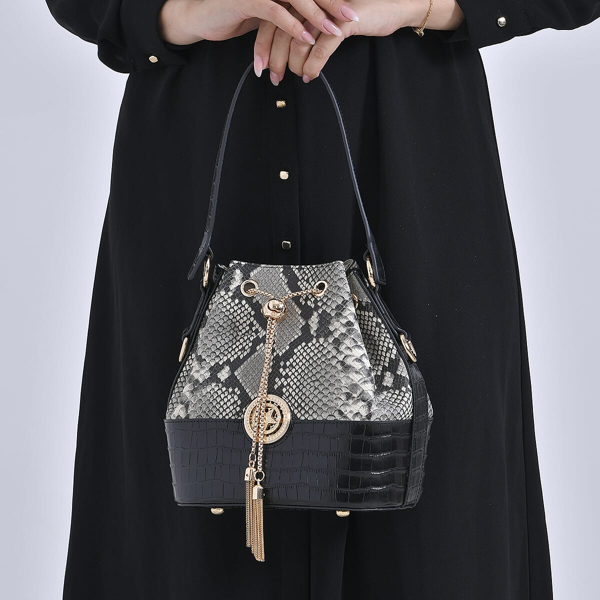 Italy Retro Noble Collection Gray Snake Print Genuine Leather Bucket Bag with Shoulder Strap image number 2