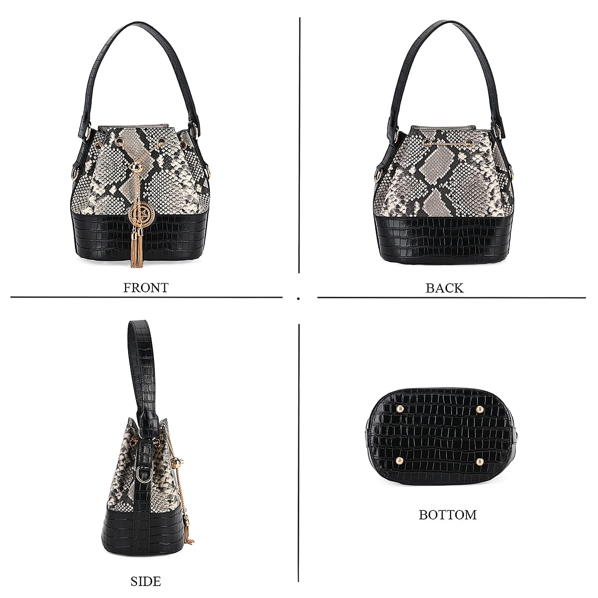 Italy Retro Noble Collection Gray Snake Print Genuine Leather Bucket Bag with Shoulder Strap image number 3