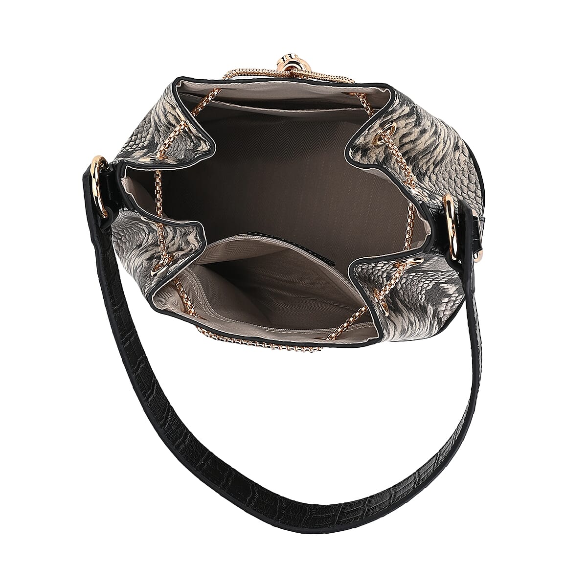 Italy Retro Noble Collection Gray Snake Print Genuine Leather Bucket Bag with Shoulder Strap image number 4