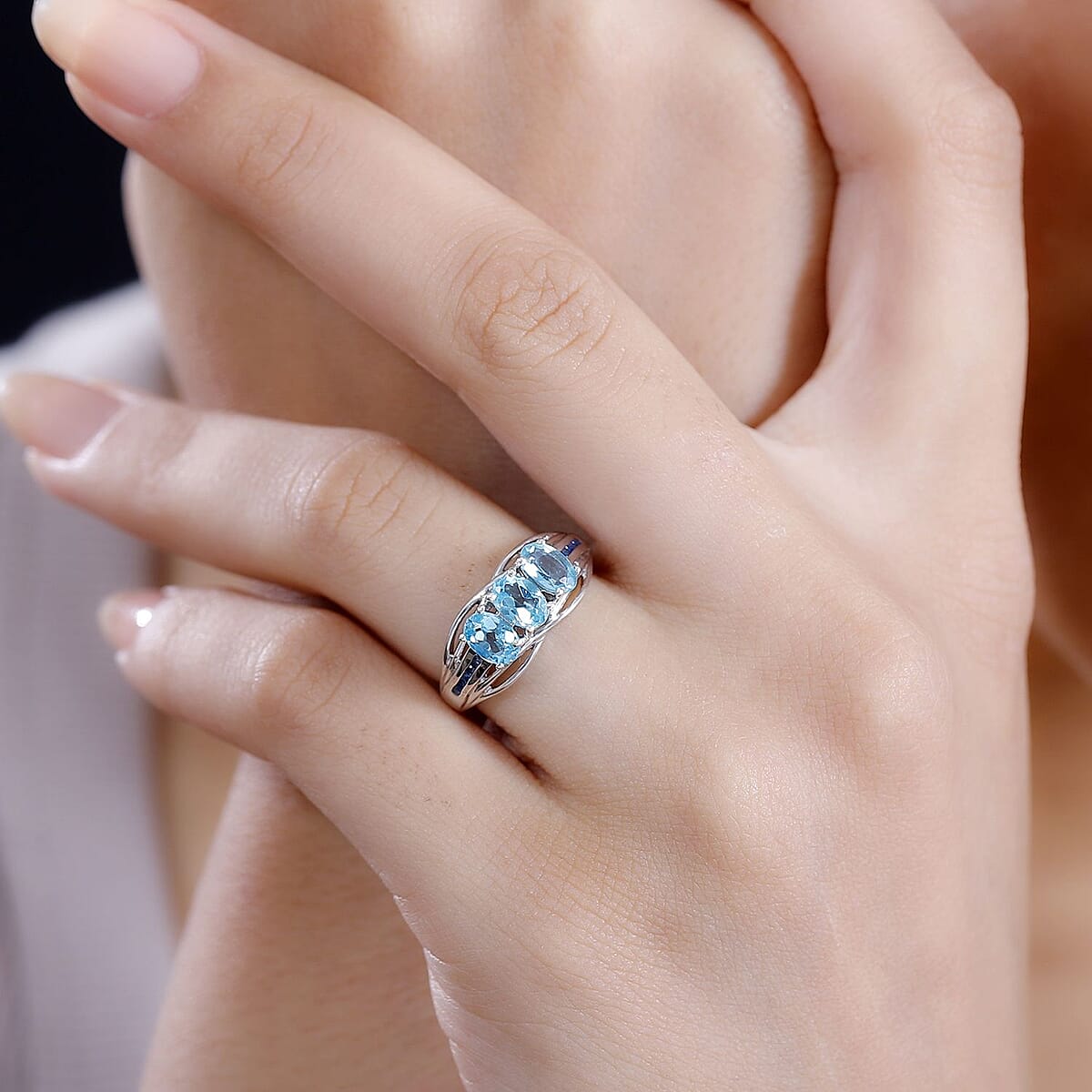 Betroka Blue Apatite and Blue Sapphire 1.40 ctw Trilogy Ring in Rhodium Over Sterling Silver (Size 8.0) image number 2